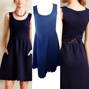 Maeve Anthropologie Navy Textured Sleeveless A-Line Dress L Scalloped Lace Back